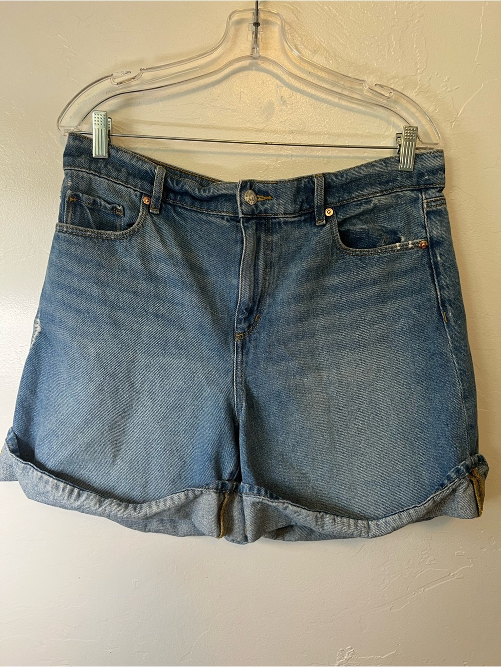 LOFT Medium Blue Rolled Hem Denim Shorts light distressing Size 10/30